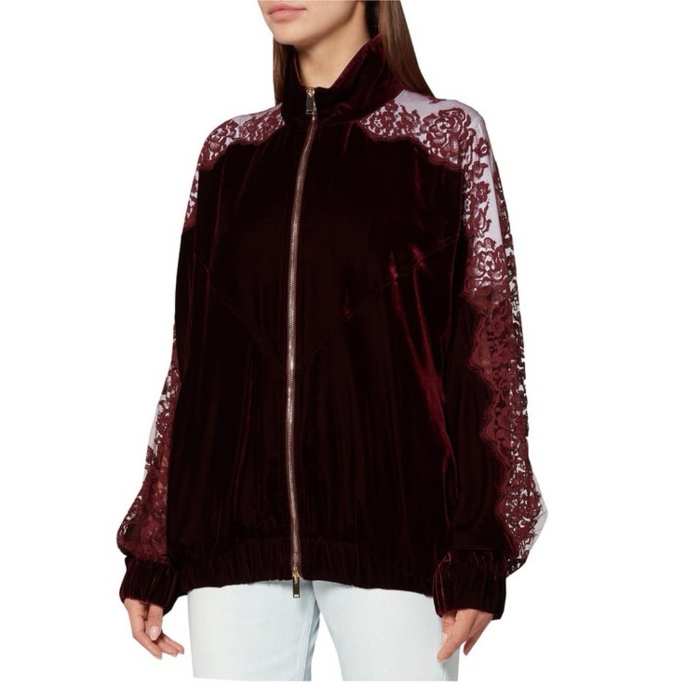 Stella Mccartney Lily Lace Velour Burgundy Bomber Jacket new with rag